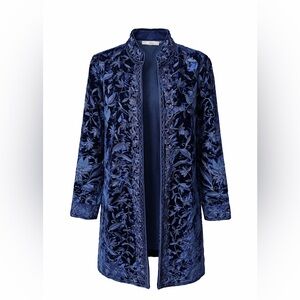 Soft Surroundings Navy Blue Velvet Embroidered Trench Coat